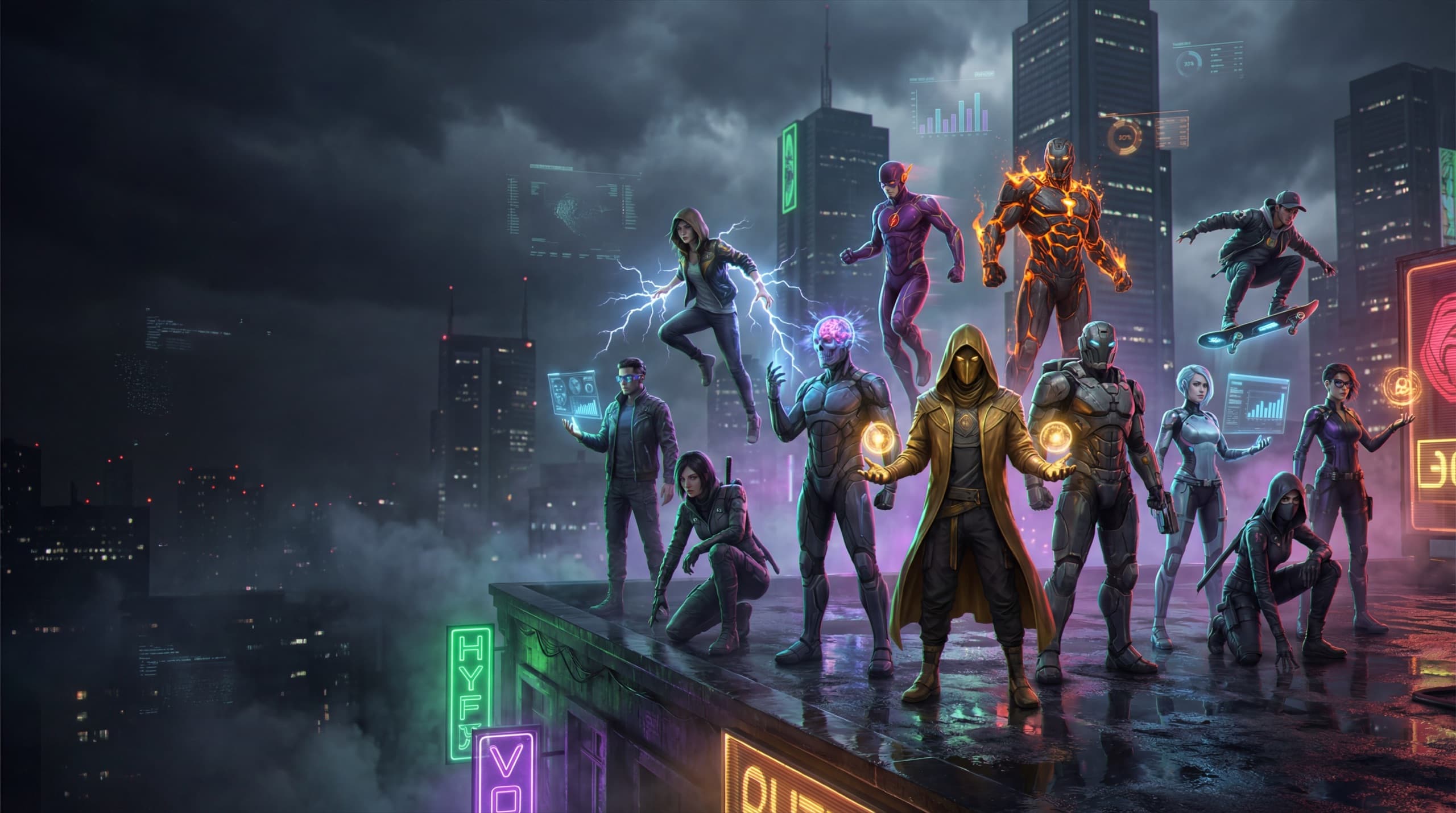 AI-powered crypto trading agents standing together on a cyberpunk rooftop